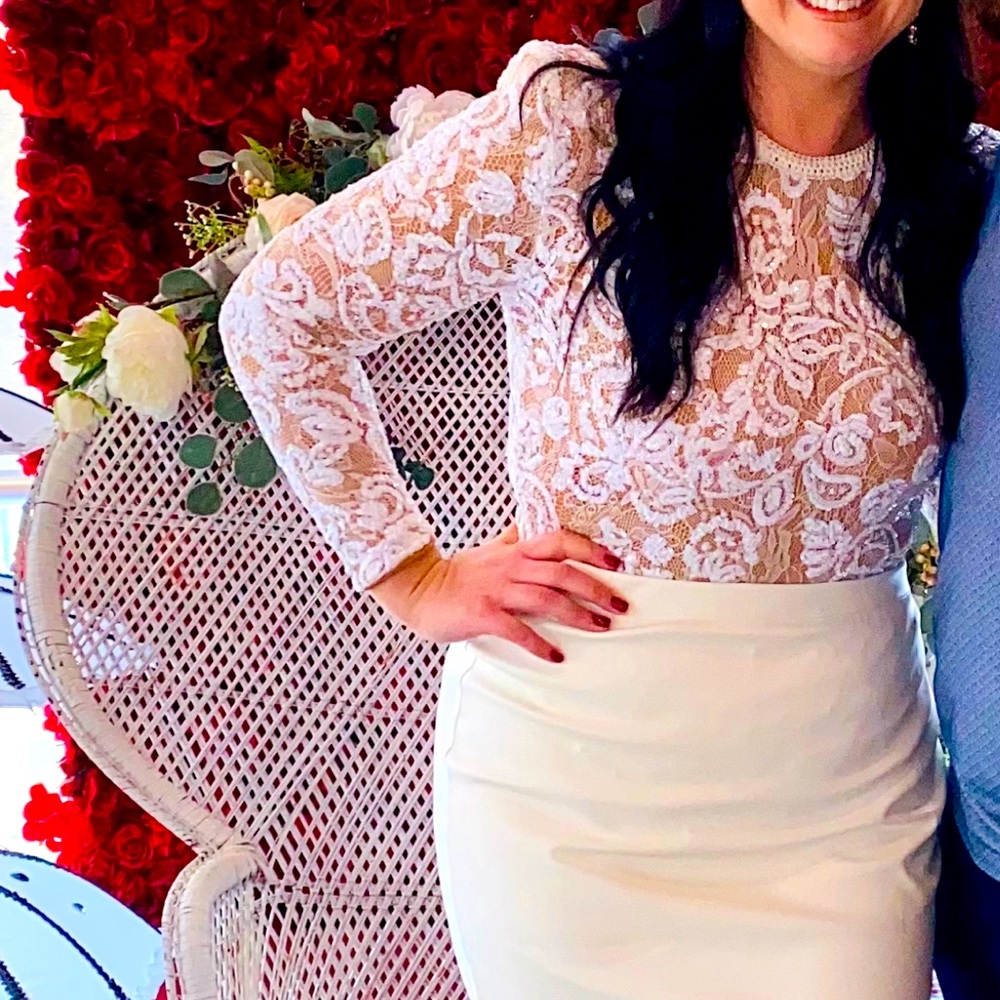 COPY - White Lace/Nude mesh lined Bodysuit- Nadine Merabi